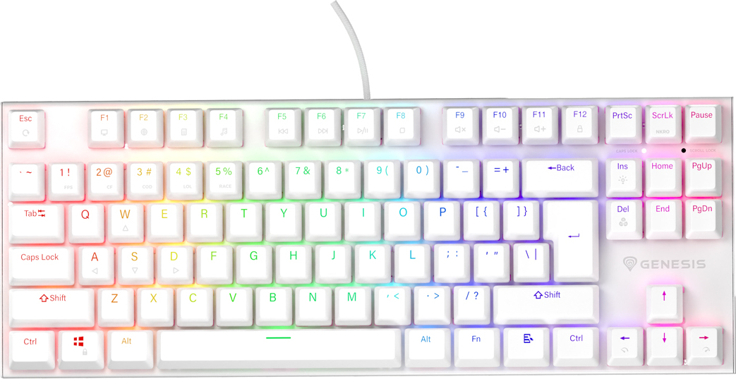Genesis tichá herní klávesnice THOR 303/TKL/RGB/Outemu Peach Silent/Drátová USB/US layout/Bílá