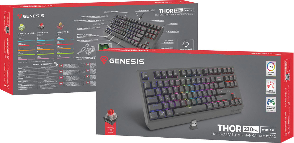 GENESIS herní klávesnice THOR 230/TKL/RGB/Outemu Red/Bezdrátová USB + Bluetooth/US layout/Černá
