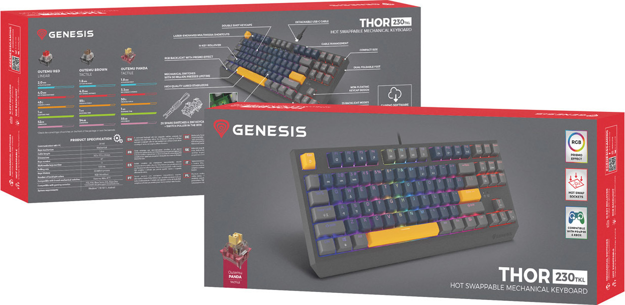 GENESIS herní klávesnice THOR 230/TKL/RGB/Outemu Panda/Drátová USB/US layout/Naval Blue Positive