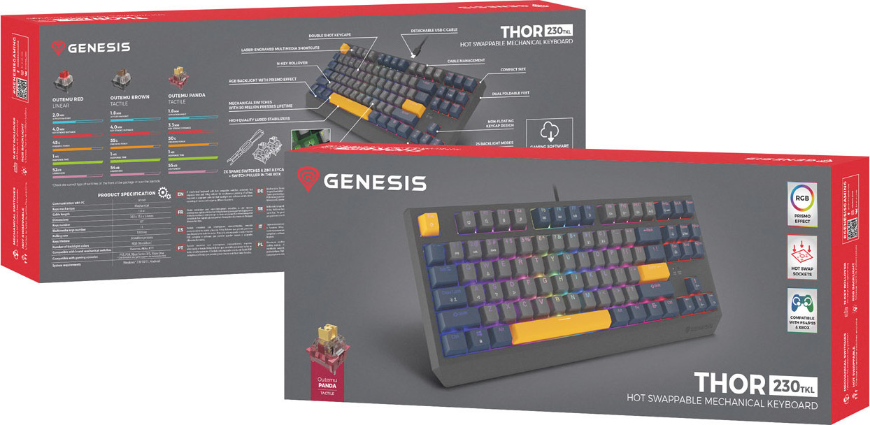 GENESIS herní klávesnice THOR 230/TKL/RGB/Outemu Panda/Drátová USB/US layout/Naval Blue Negative