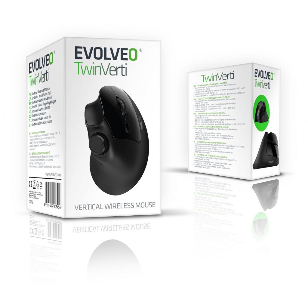 EVOLVEO Vertikální myš TwinVerti, Ergonomická myš, 2.4GHz, Bluetooth, černá