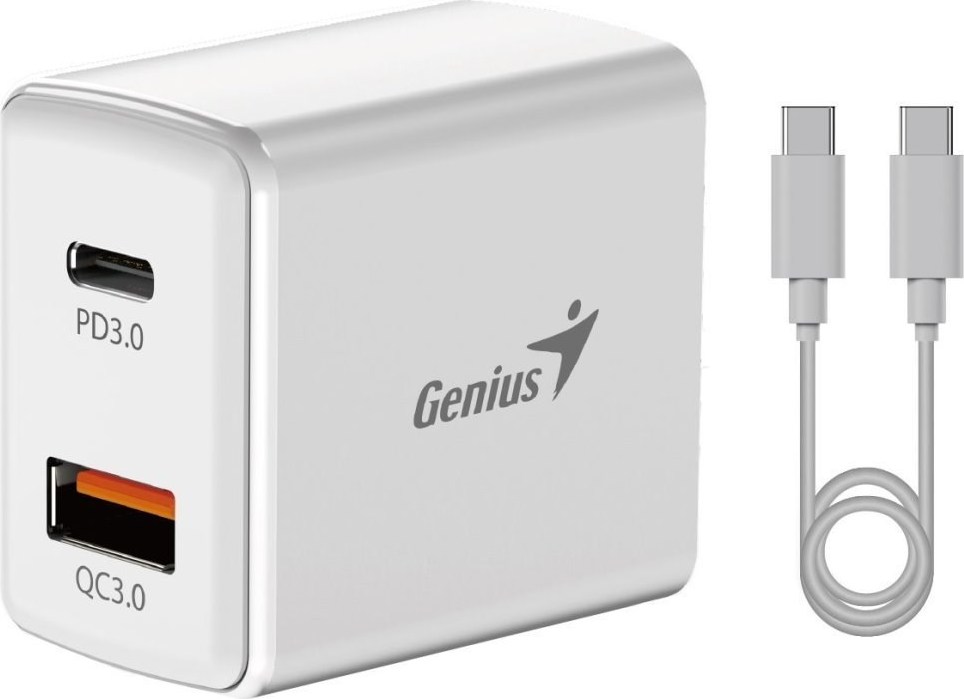 GENIUS nabíjecí set PD-20ACP, 20W, rychlé nabíjení, USB-C PD3.0, USB-A QC3.0, 1m kabel USB-C USB-C, bílá