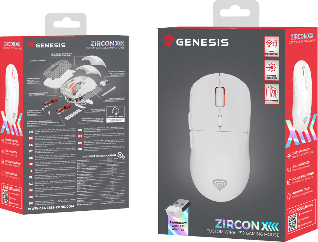 Genesis herní bezdrátová myš ZIRCON XIII/Herní/Optická/26 000 DPI/Bezdrátové USB/Bílá