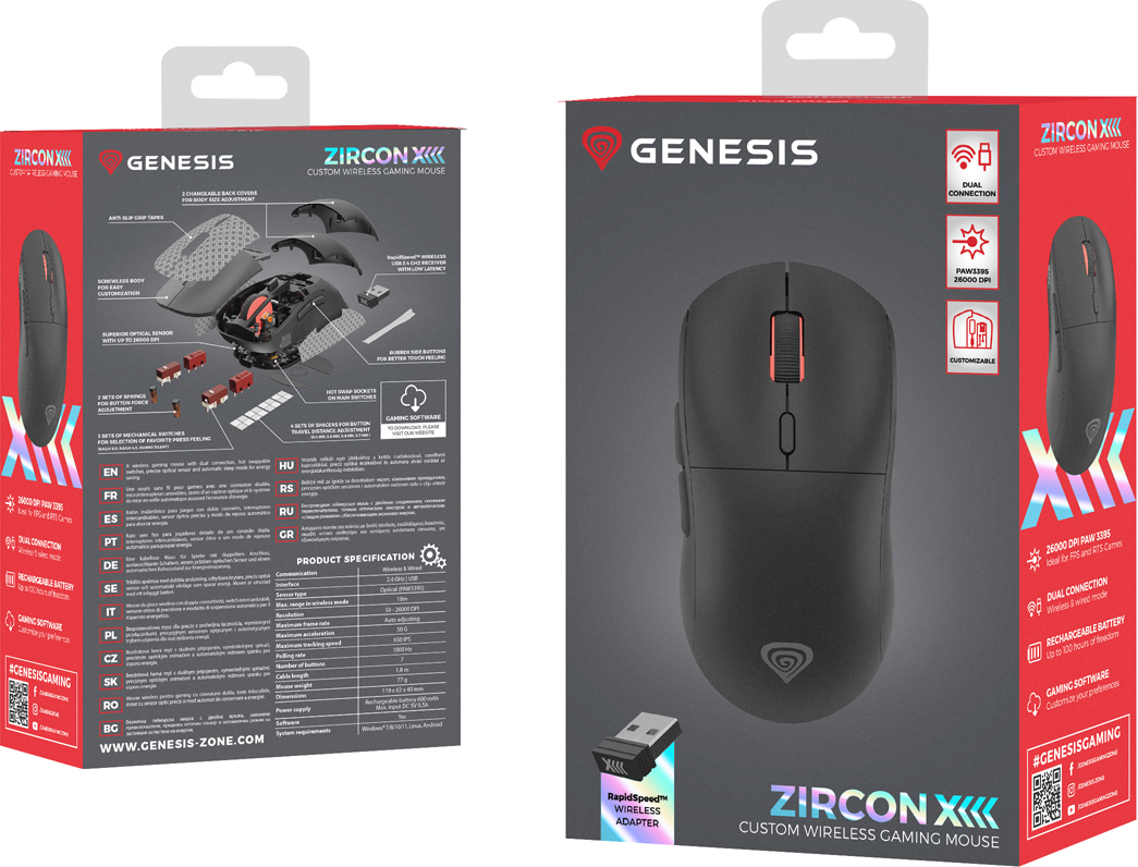 Genesis herní bezdrátová myš ZIRCON XIII/Herní/Optická/26 000 DPI/Bezdrátové USB/Černá