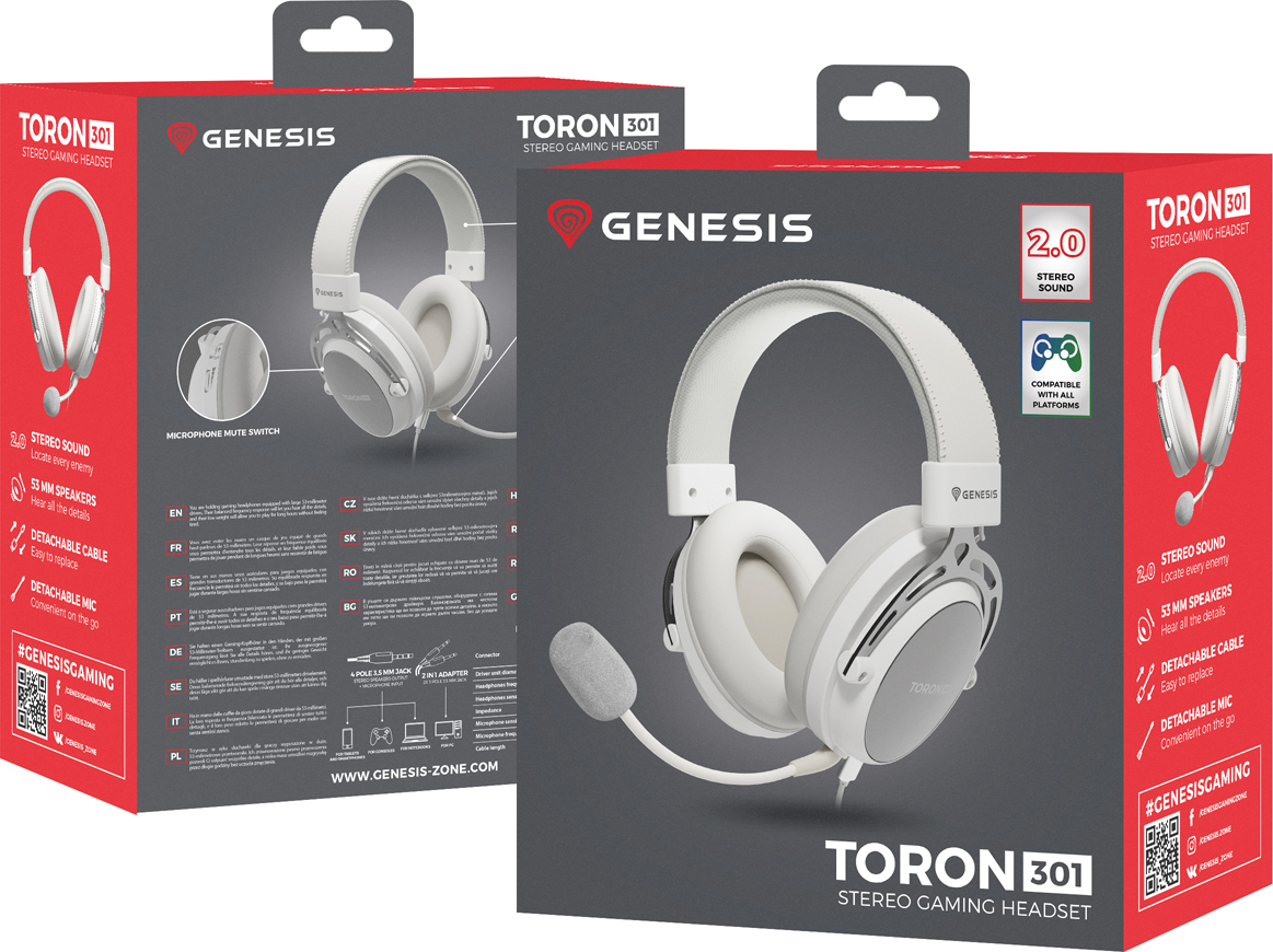 Herní sluchátka s mikrofonem Genesis TORON 301/Stereo/Jack/Drát/Stand/Bílá