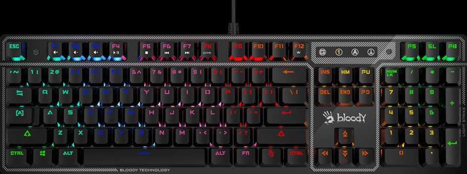 A4tech Bloody Klávesnice B750N, herní klávesnice, mechanická, drátová, Green Switch, CZ/SK, Černá