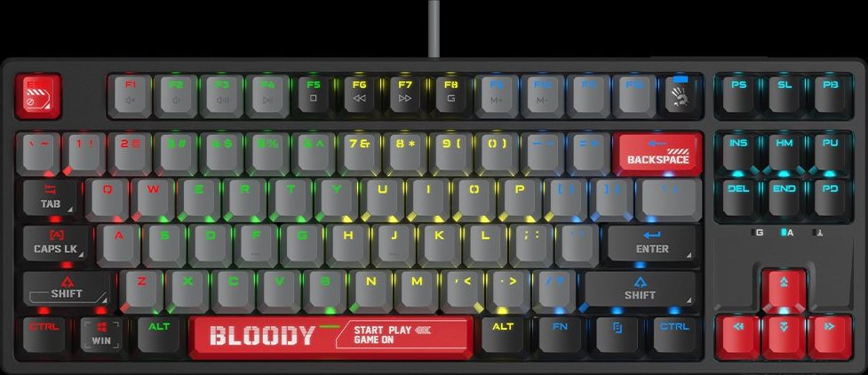 A4tech Bloody Klávesnice S87, herní klávesnice, mechanická, drátová, Red Switch, CZ/SK, Černá