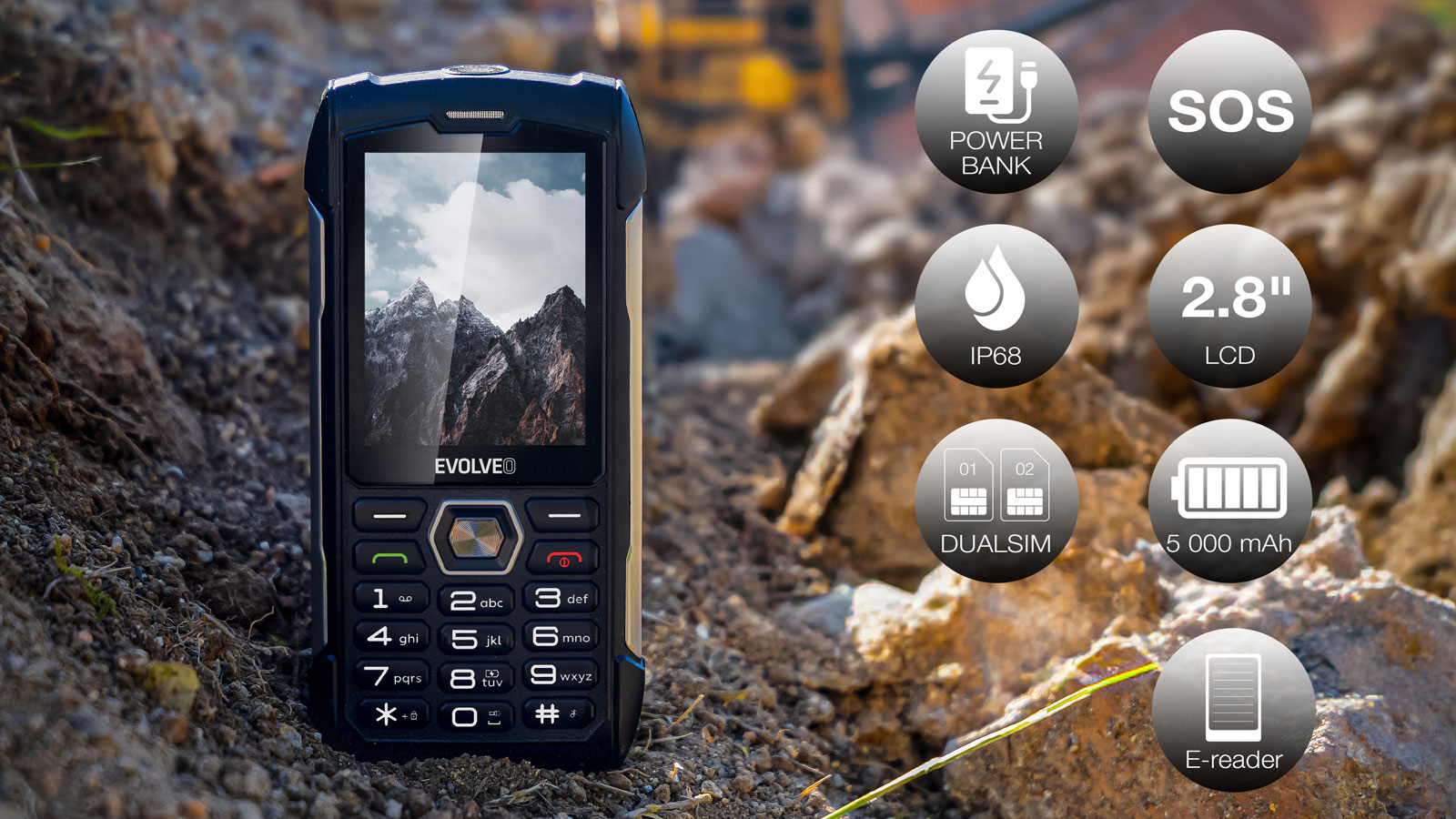 EVOLVEO StrongPhone H1, vodotěsný odolný Dual SIM telefon, černo-stříbrná