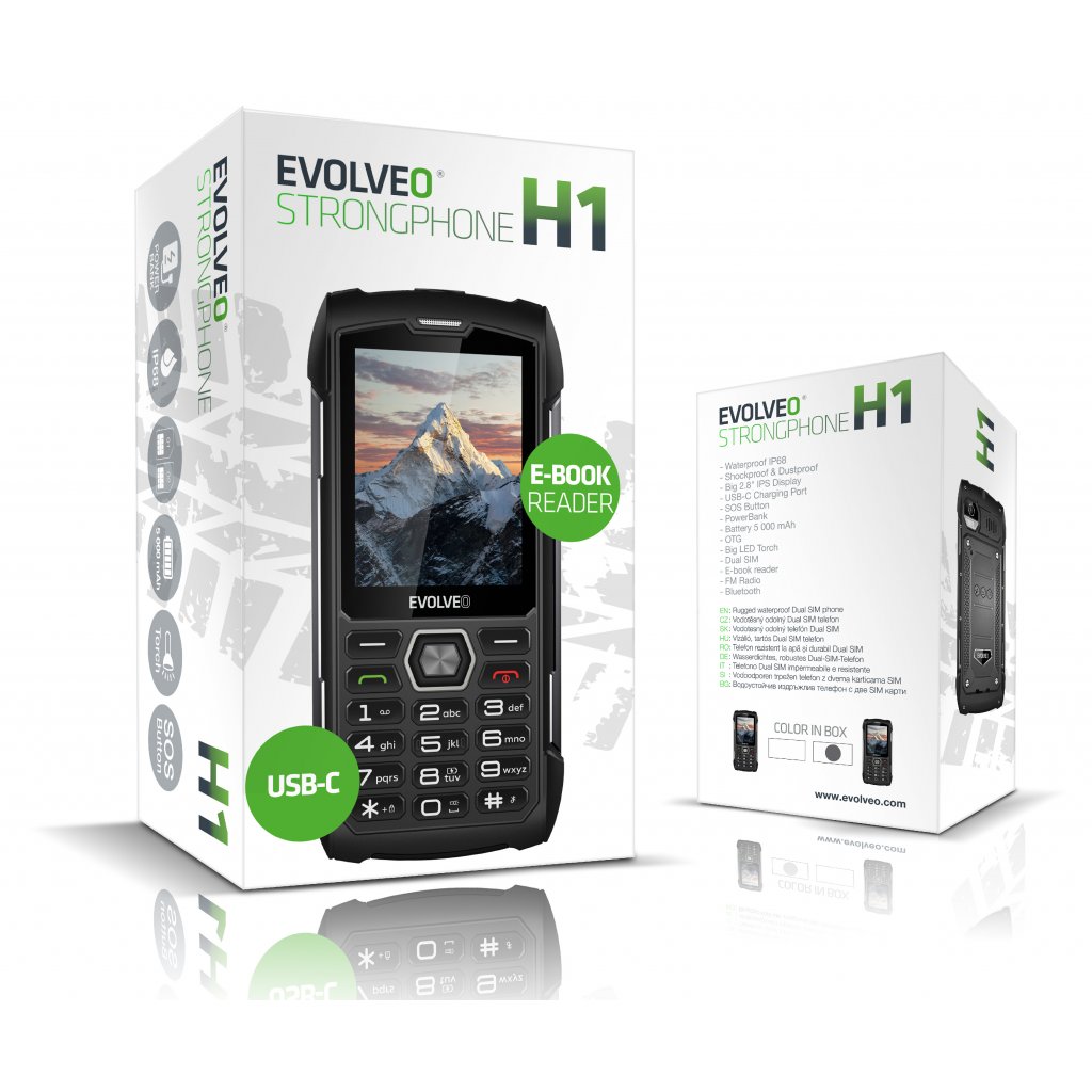 EVOLVEO StrongPhone H1, vodotěsný odolný Dual SIM telefon, černo-stříbrná