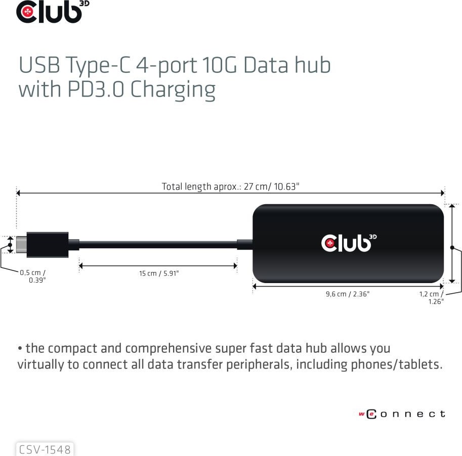 Club 3D Club3D hub 1xUSB-C na 4xUSB-C, 10Gbps port, PD 3.0