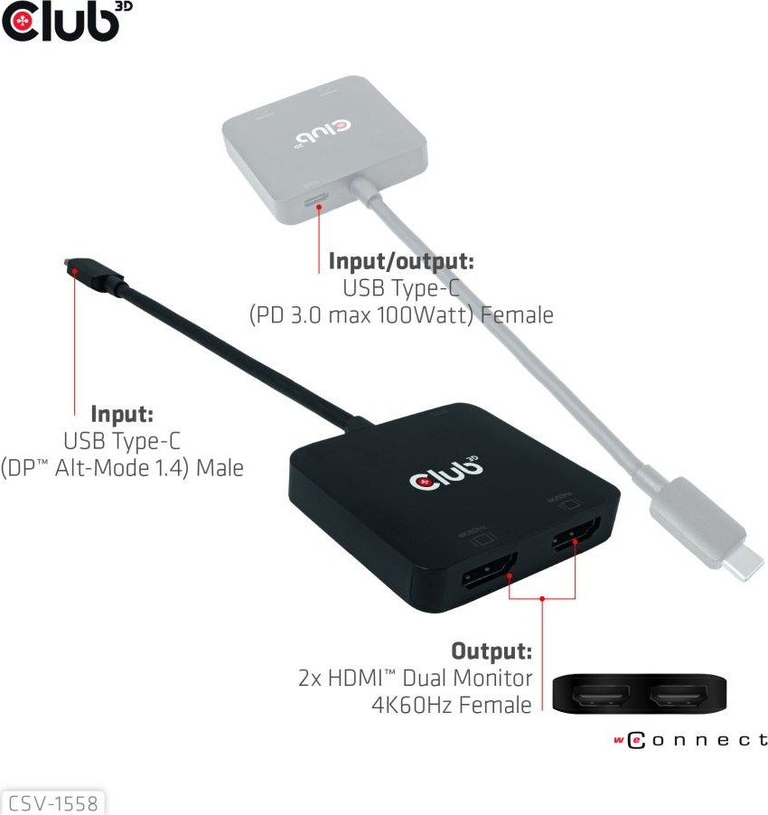 Club 3D Club3D Video hub MST USB-C na 2xHDMI + USB-C PD 3.0, 4K60Hz