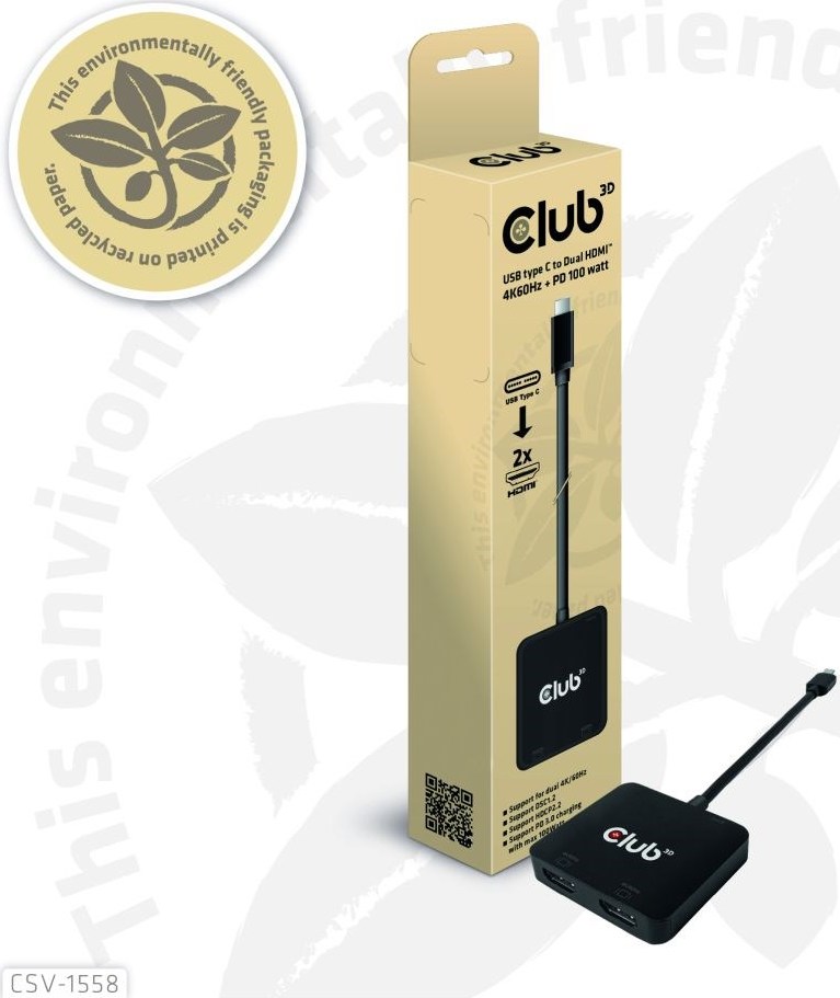 Club 3D Club3D Video hub MST USB-C na 2xHDMI + USB-C PD 3.0, 4K60Hz