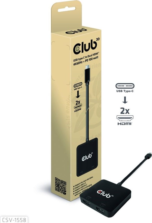 Club 3D Club3D Video hub MST USB-C na 2xHDMI + USB-C PD 3.0, 4K60Hz