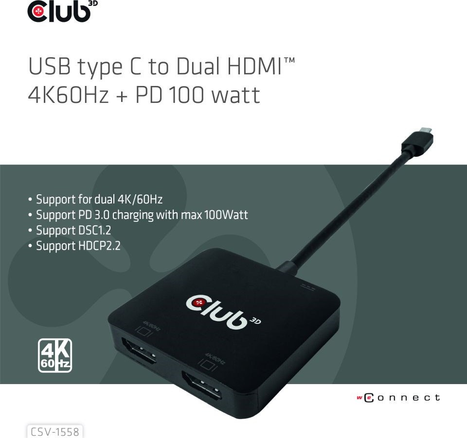 Club 3D Club3D Video hub MST USB-C na 2xHDMI + USB-C PD 3.0, 4K60Hz