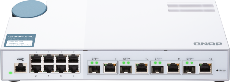 QNAP řízený switch QSW-M408-4C (12 portů: 8x Gigabit port + 4x 10G SFP+ / 10GbE kombo porty)