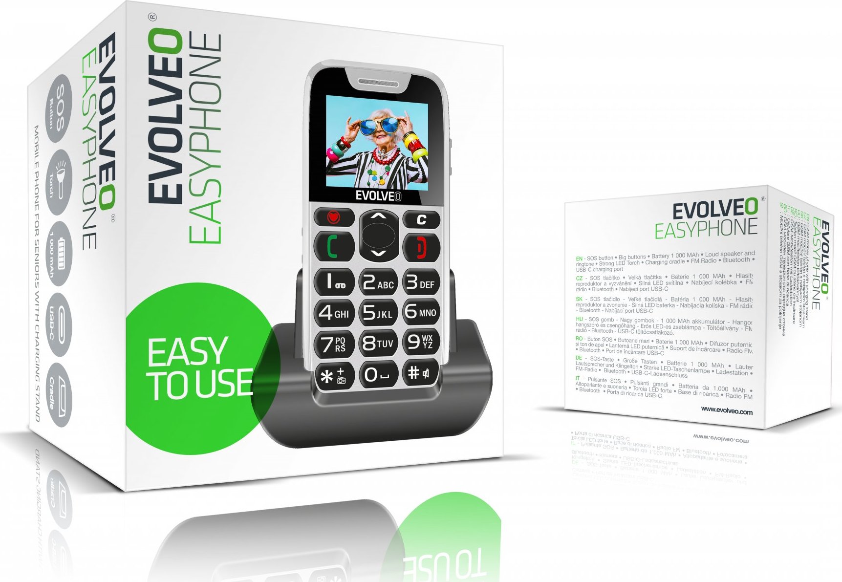 EVOLVEO EasyPhone, mobilní telefon pro seniory s nabíjecím stojánkem, bílá