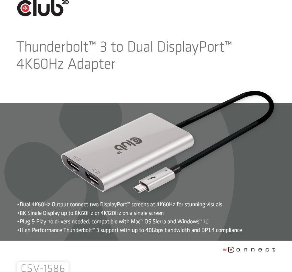 Club 3D Club3D Video hub Thunderbolt 3 na 2x DP, Dual 4K60Hz nebo Single 8K60Hz/4K120Hz