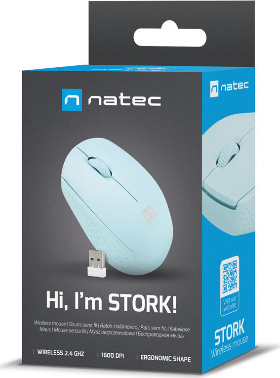 Myš Natec STORK/Kancelářská/Optická/1 600 DPI/Bezdrátová USB/Modrá