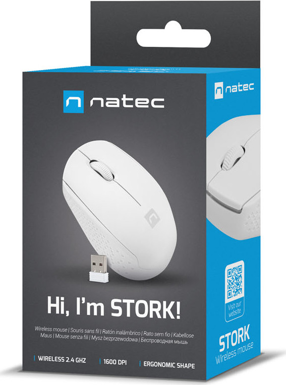 Myš Natec STORK/Kancelářská/Optická/1 600 DPI/Bezdrátová USB/Bílá