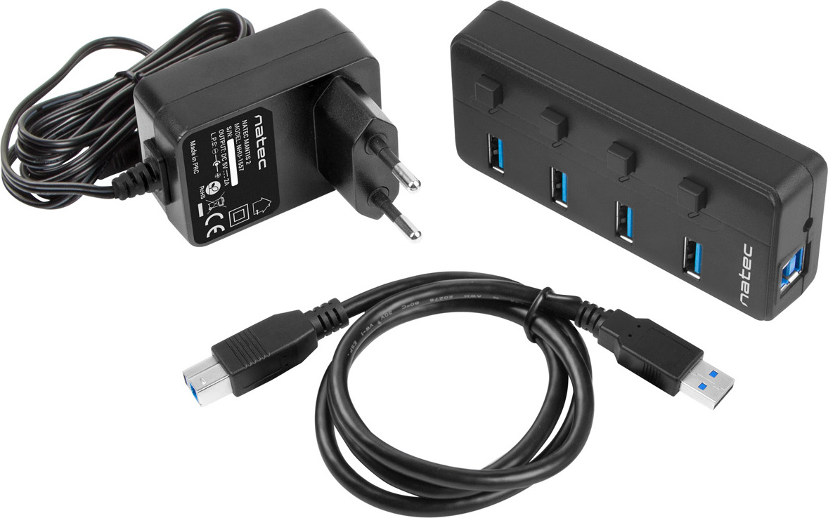Natec Mantis 2 aktivní rozbočovač s funkcí nabíjení 4x USB 3.0 HUB, vypínač, napájecí adaptér
