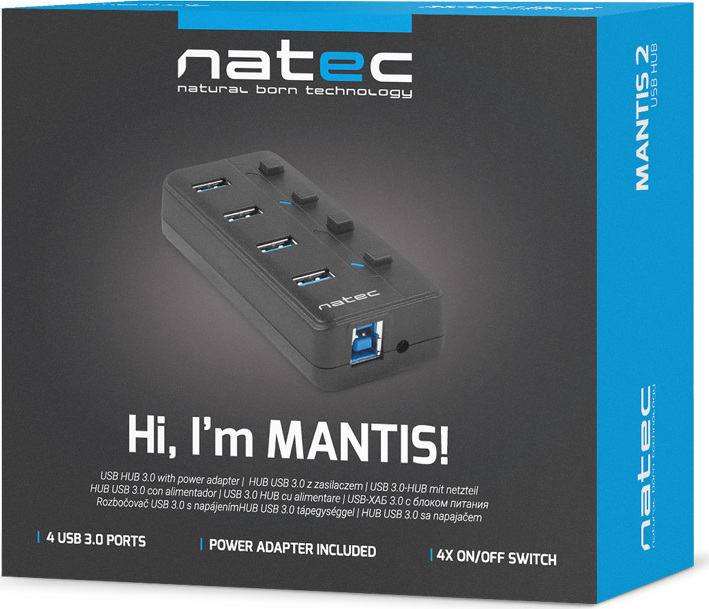 Natec Mantis 2 aktivní rozbočovač s funkcí nabíjení 4x USB 3.0 HUB, vypínač, napájecí adaptér