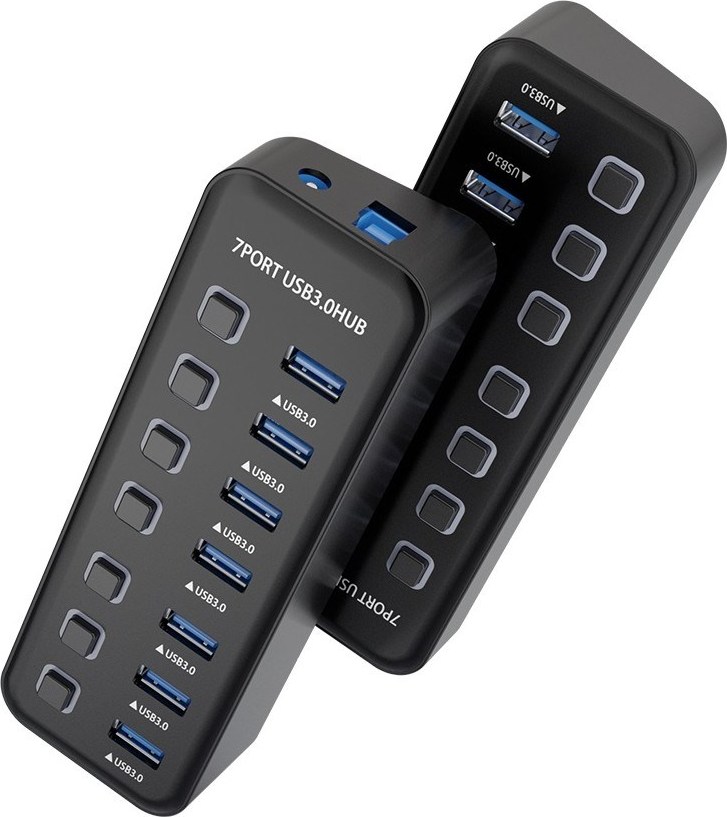 PREMIUMCORD Hub USB 3.2, 7-portový s vypínači portů, 5G SuperSpeed, Černá