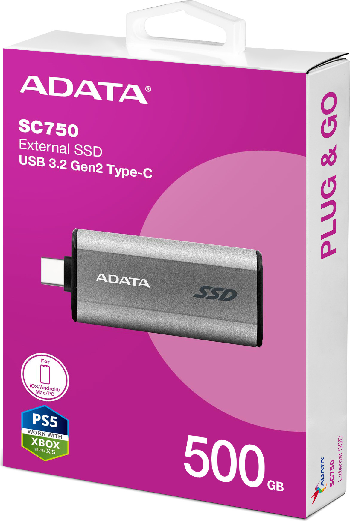 A-Data ADATA External SSD 500GB SC750, USB-C 3.2 Gen2, Černá
