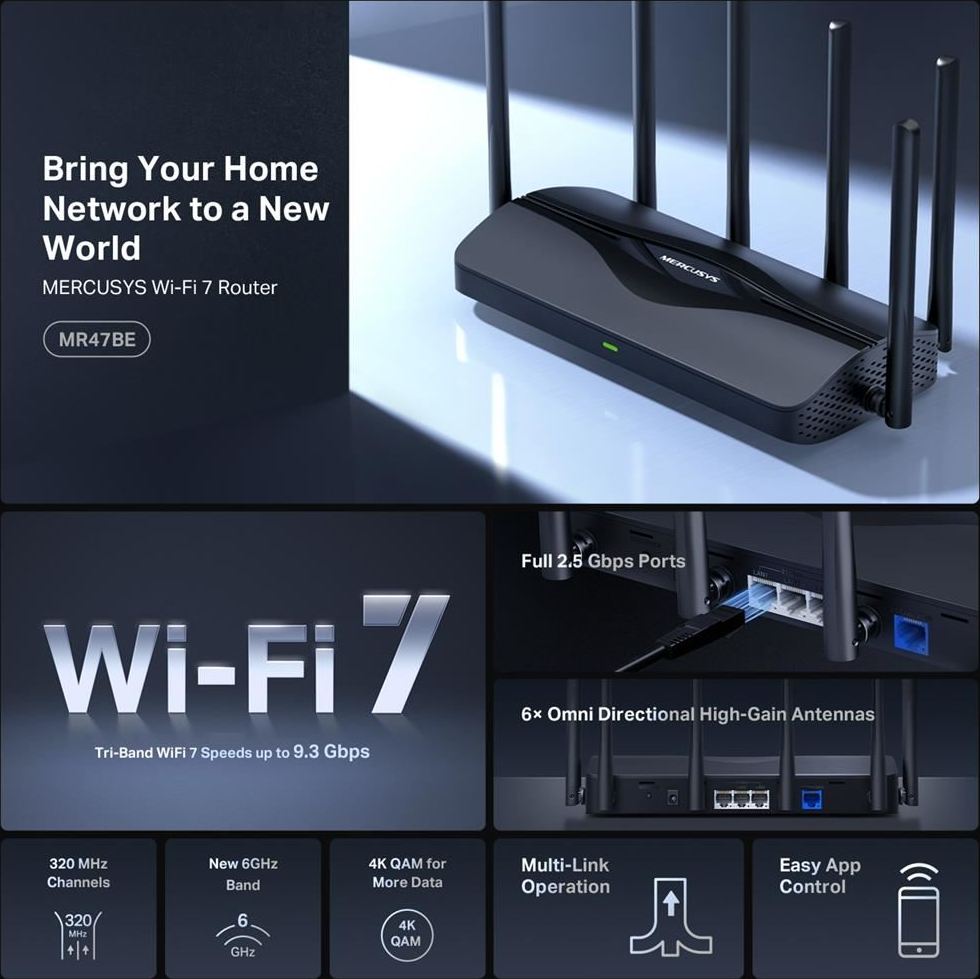 MERCUSYS MR47BE EasyMesh WiFi7 router (BE9300, 2,4GHz/5GHz/6GHz,1x2,5GbEWAN,3x2,5GbELAN)