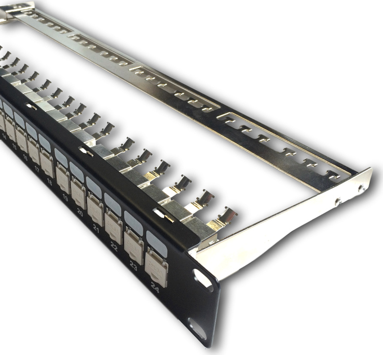 DATACOM Patch panel 19" STP 24 port CAT6A 1U černý, vyvaz.lišta, beznástrojový