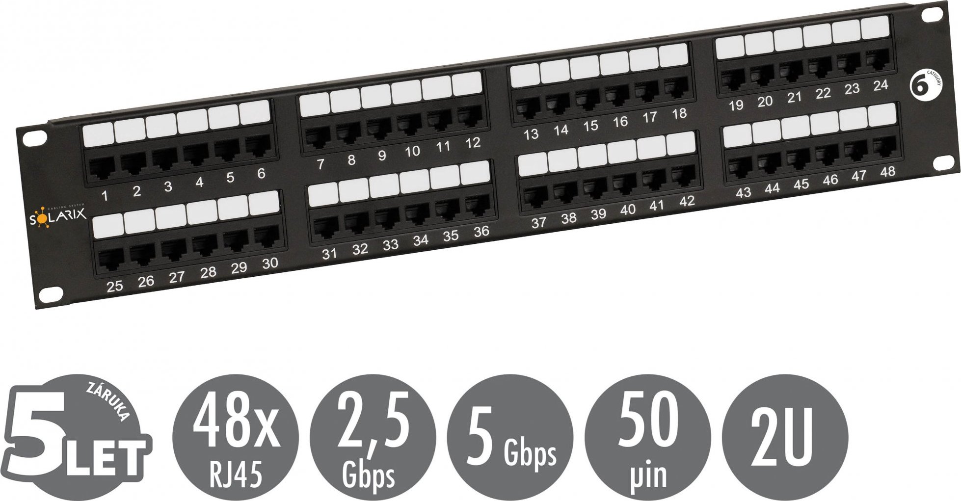 19" patch panel Solarix 48 x RJ45 CAT6 UTP 350 MHz černý 2U SX48-6-UTP-BK