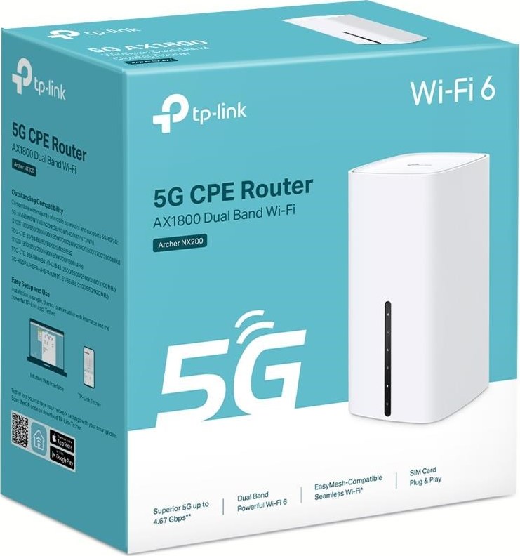 TP-Link Archer NX200 EasyMesh WiFi6 5G, 4G LTE router (AX1800,2,4GHz/5GHz,2xGbELAN,1xGbELAN/WAN,5G,4G LTE,1xnanoSIM)