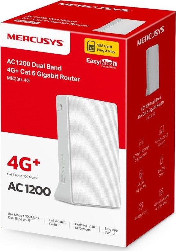 TP-LINK Mercusys MB230-4G WiFi5 router (AC1200, 4G LTE Cat6, 2,4GHz/5GHz,1xGbE LAN/WAN,1xGbE LAN,1xnanoSIM)
