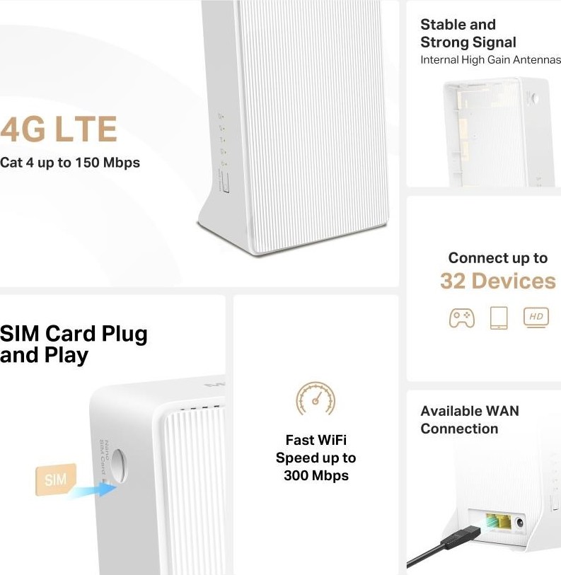 TP-LINK Mercusys MB112-4G WiFi4 router (N300, 4G LTE, 2,4GHz, 1x100Mb/s LAN/WAN,1x100Mb/s LAN,1xnanoSIM)