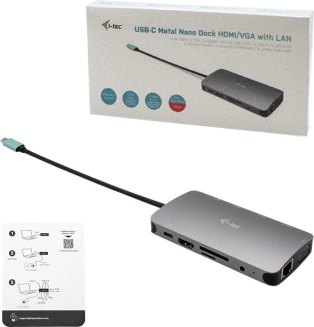 i-tec USB-C Metal Nano Dock HDMI/VGA with LAN + Power Delivery 100W + Charger 100W (bundle)