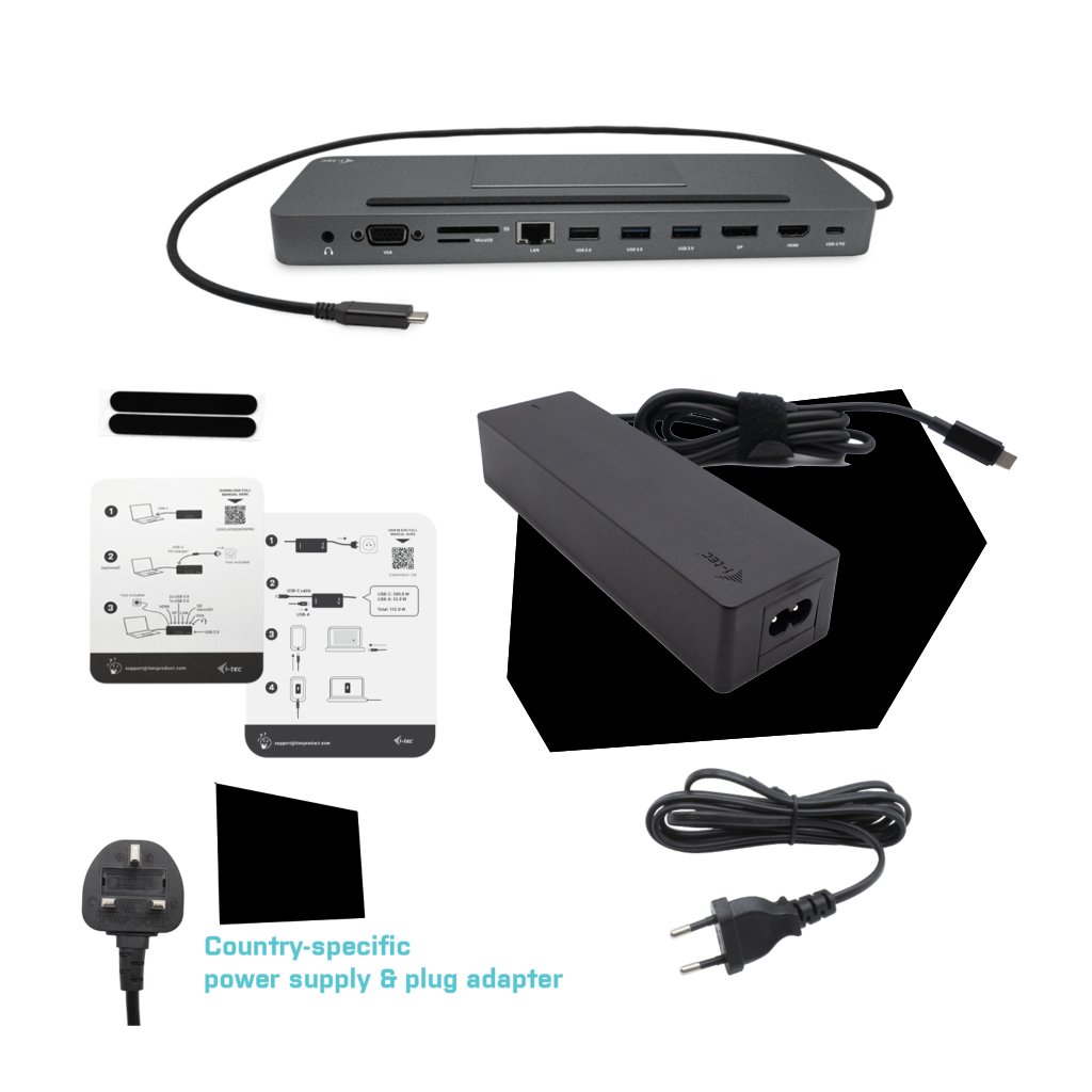 i-tec USB-C Metal Ergonomic 4K 3x Display Docking Station with Power Delivery 85W + i-tec Universal Charger 100W (bundle