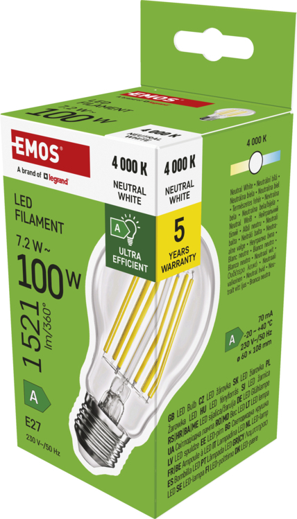 EMOS LED FLM A60 7,2W(100W) 1521lm E27 NW A CLASS