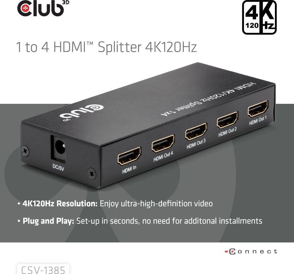 Club 3D Club3D Video rozbočovač 1:4 HDMI 2.0 4K120Hz, 4 porty, černá
