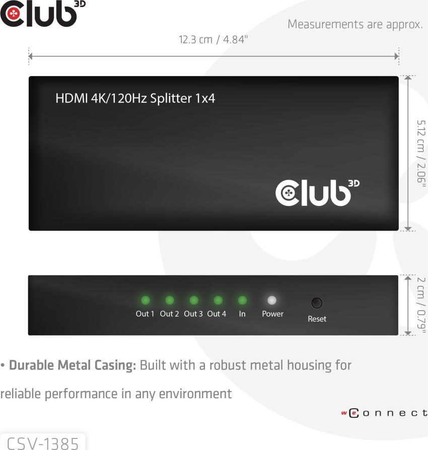 Club 3D Club3D Video rozbočovač 1:4 HDMI 2.0 4K120Hz, 4 porty, černá