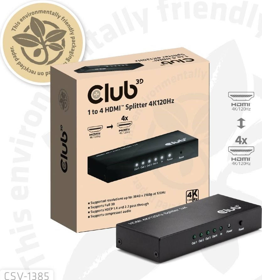 Club 3D Club3D Video rozbočovač 1:4 HDMI 2.0 4K120Hz, 4 porty, černá