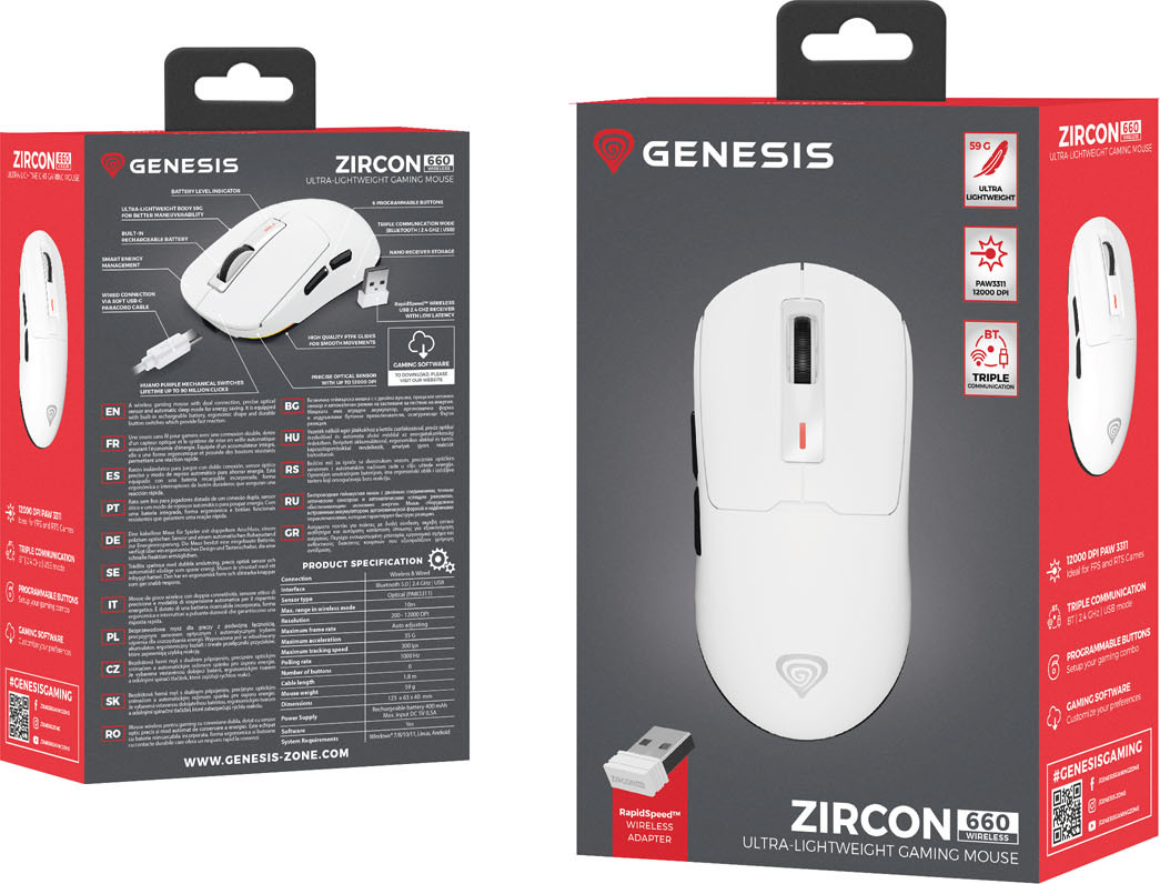Genesis herní myš ZIRCON 660/Herní/Optická/12 000 DPI/Drátové/Bezdrátové/Bílá