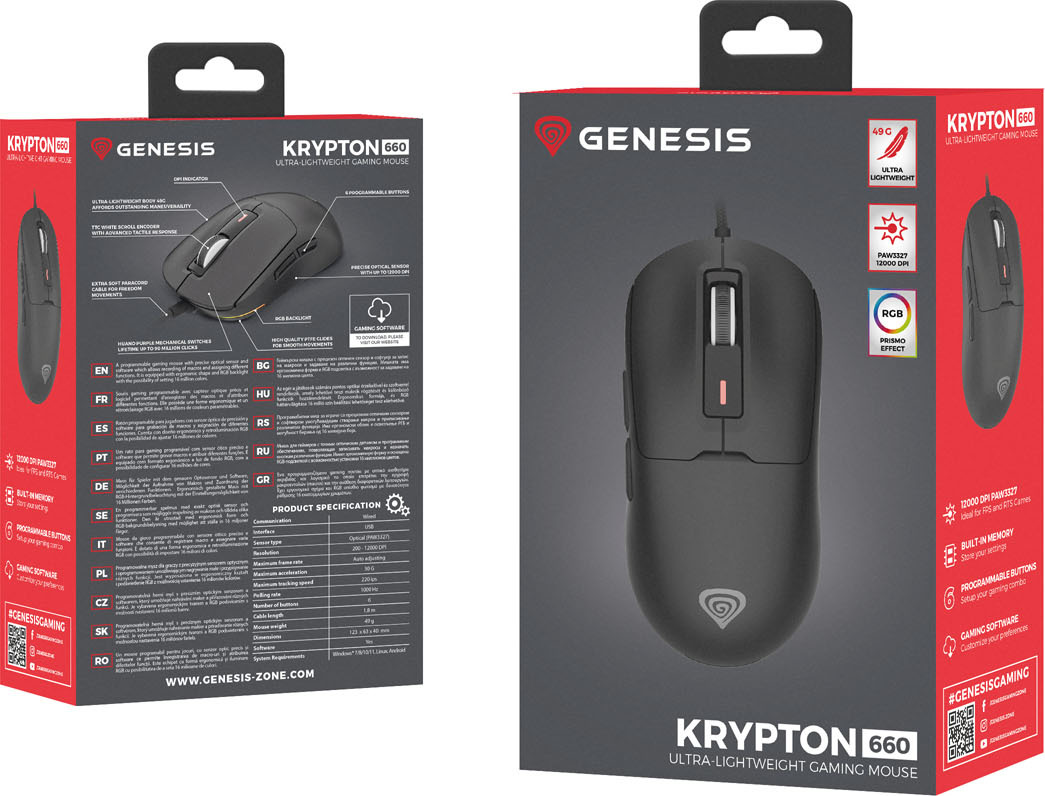 Genesis herní myš KRYPTON 660/Herní/Optická/12 000 DPI/Drátové USB-A/Černá