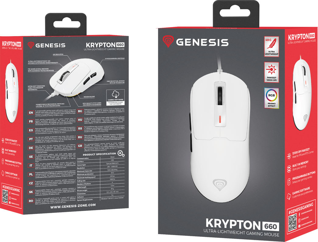 Genesis herní myš KRYPTON 660/Herní/Optická/12 000 DPI/Drátové USB-A/Bílá