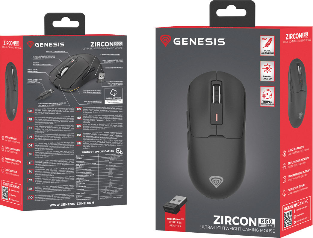 Genesis herní myš ZIRCON 660/Herní/Optická/12 000 DPI/Drátové/Bezdrátové/Černá