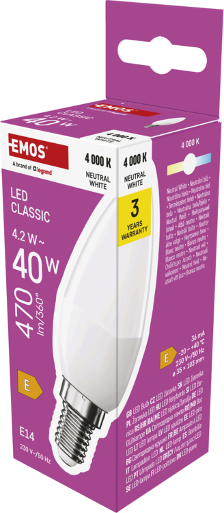 EMOS LED CLS CANDLE 4,2W(40W) 470lm E14 NW