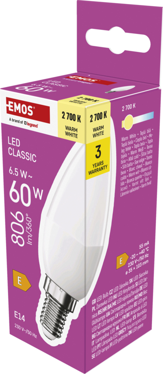 EMOS LED CLS CANDLE 6,5W(60W) 806lm E14 WW