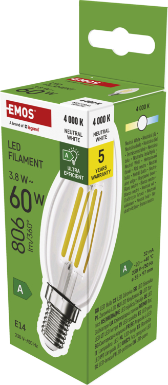 EMOS LED FLM CANDLE 3,8W(60W) 806lm E14 NW A CLASS