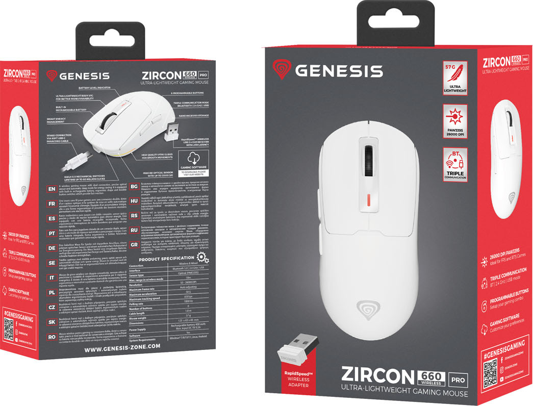 Genesis herní myš ZIRCON 660 PRO/Herní/Optická/Pro praváky/26 000 DPI/Drátová+bezdrátová/Bílá