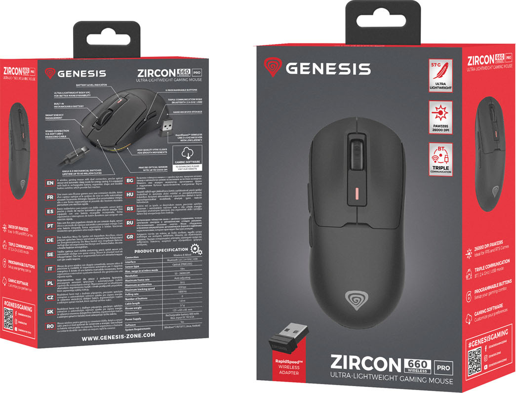 Genesis herní myš ZIRCON 660 PRO/Herní/Optická/Pro praváky/26 000 DPI/Drátová+bezdrátová/Černá