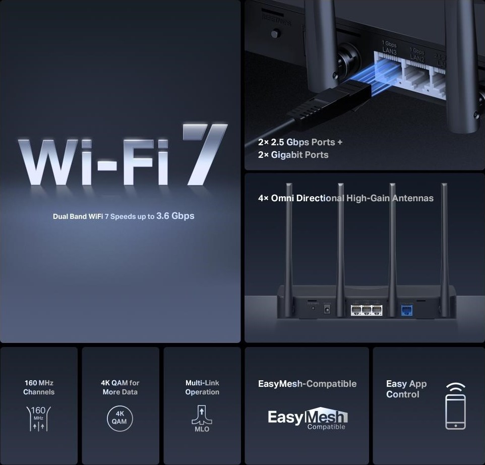MERCUSYS MR27BE EasyMesh WiFi7 router (BE3600, 2,4GHz/5GHz,1x2,5GbEWAN,1x2,5GbELAN,2xGbE)