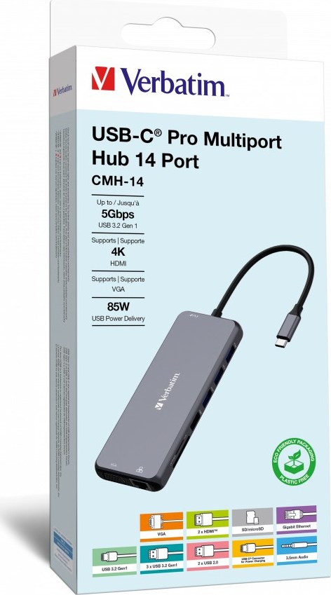 VERBATIM Hub USB-C Pro Multiport 14 Port, 5x USB-A, 2x USB-C, 2x HDMI, 1xVGA, RJ45, 3.5mm Jack audio, microSD/SD, šedá